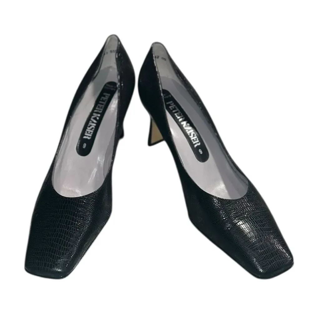 Peter Kaiser Black Textured Leather Square Toe Kitten Heel Pumps Size 9
